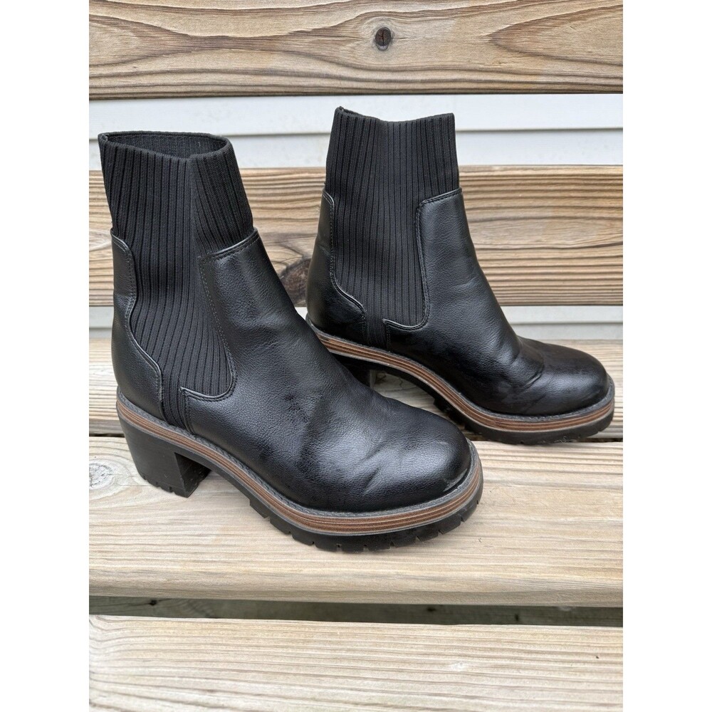 MIA Gretta Lug Ankle Boot Women's 9 Black Leather Heeled Pull On Chelsea